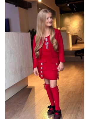 Riccotarz Kız Çocuk Askılı Bluz Hırka ve Elmas Taş Işlemeli Cepli Bordo Triko Etekli Takım