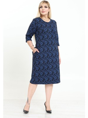 Modayız Çift Cepli Desenli Esnek Kışlık Büyük Beden Midi Elbise 4D-2737