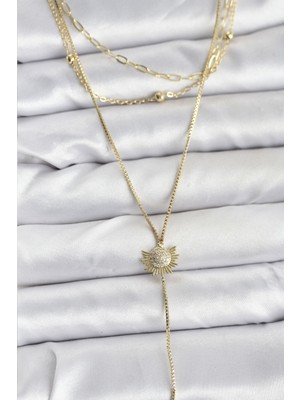 Callerrons Accessories Pirinç Gold Renk Zirkon Taşlı Güneş Model Detaylı 3'lü Kombin Y Kadın Kolye - EBJ251115W38431