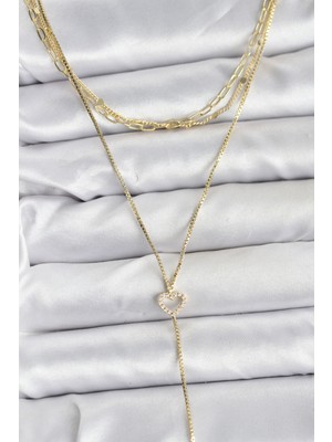 Callerrons Accessories Pirinç Gold Renk Kalp Detaylı 3'lü Kombin Y Kadın Kolye - EBJ251115W38423