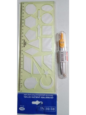 Rubenis Geometrik Şekilli Şablon Cetvel  25 cm Dayanıklı Plastik Tekli Paket+Metal Pergelseti