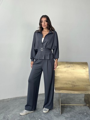 Pophlin Antrasit Modal Pileli Bağlamalı Ceket Takım