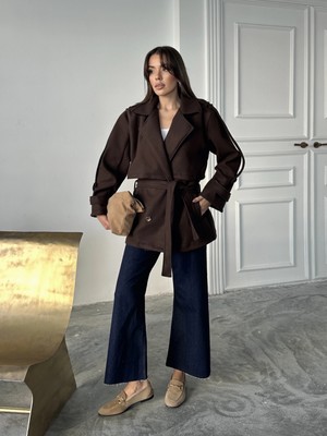 Pophlin Kahve Modern Kesim Bordo Kaşe Kaban