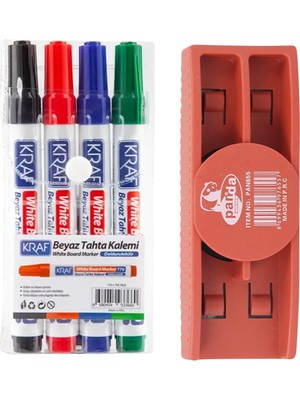 Temel Kraf Doldurulabilir Beyaz Tahta Kalemi 4lü ve Panda Mıknatıslı Yazı Tahtası Silgisi Set