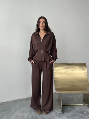 Pophlin Kahve Modal Pileli Bağlamalı Ceket Takım