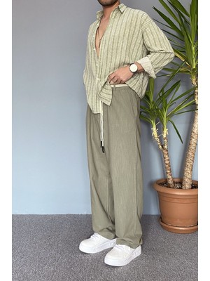 Alışveriş Sokağı Rahat Kesim Keten Kumaş Bağcıklı Krem Renk Baggy Pantolon
