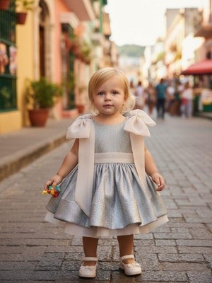 Zekids Kız Çocuk Omuzları Fiyonk Detaylı Simli Katkat Tasarım Abiye Elbise