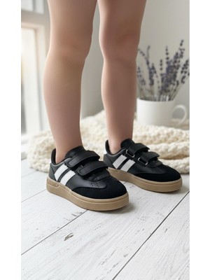 Slipcat Unisex Işıklı Çocuk Spor Ayakkabı Cırtlı Yürüyüş Koşu Düz Taban Siyah