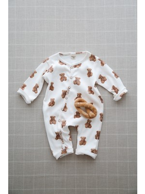 Dodo's Baby Sevimli Ayıcık Teddy Desenli %100 Pamuk Organik Kaşkorse Uyku Tulumu Kahverengi - Beyaz