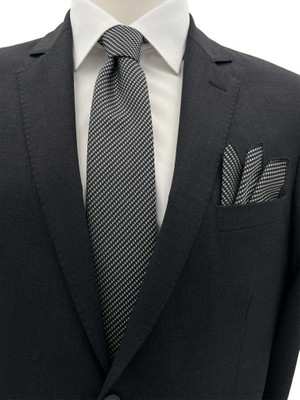 Brianze 7 cm Siyah Beyaz Desenli Kravat Mendil Set