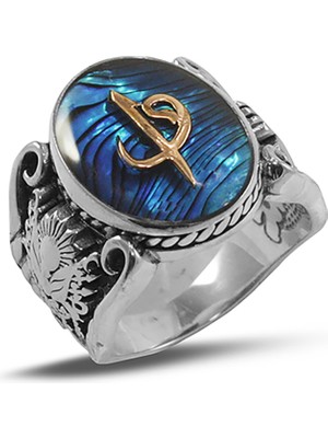 Besen Gümüş Okyanus Sedef Taş Üzeri Elif Vav Motifli Kenarları Tuğra ve Osmanlı Sancağı Figürlü Yüzük