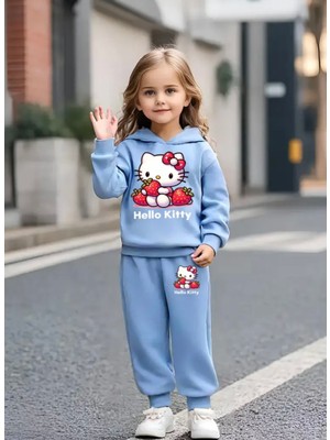 Punix Kids Punıx Kıds Özel Seri Kapüşonlu Hello Kıtty'nin Çilekleri Baskılı %100 Pamuk Kışlık Kız Çocuk Eşofman Takımı