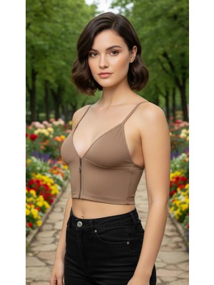 ACTRİS Fermuarlı Askılı Dalgıç Kumaş Pedli Crop Büstiyer
