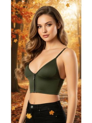 ACTRİS Fermuarlı Askılı Dalgıç Kumaş Pedli Crop Büstiyer