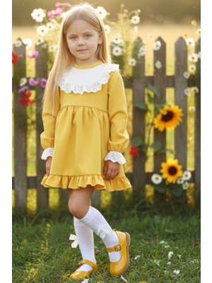 Parla Kids Kız Çocuk Ruby Hardal Uzun Kollu Dantel Detaylı Fırfırlı Elbise
