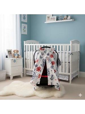 SerSev Denizci Temalı Bebek Puset Örtüsü Çapa & Dümen Desenli Çıt Çıtlı Puset Örtüsü