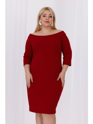 Truva Xxl Büyük Beden Carmen Krep Elbise Bordo  Truvakar Kol Şık ve Rahat
