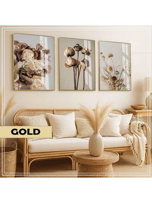 Harikabirev|soft|kuru Bitki Çiçekli Kombini |çerçeveli Cam Tablo  3lü Dikey