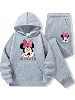 Punix Kids Punıx Kıds Özel Seri Kapüşonlu Sevimli Pembe Kurdeleli Minnie Baskılı Kışlık Kız Çocuk Eşofman Takımı