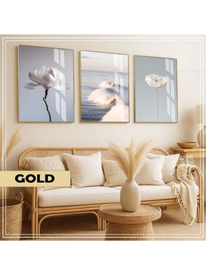 Harikabirev|soft|mavi-Beyaz Minimal Çiçek Kombini |çerçeveli Cam Tablo  3lü Dikey