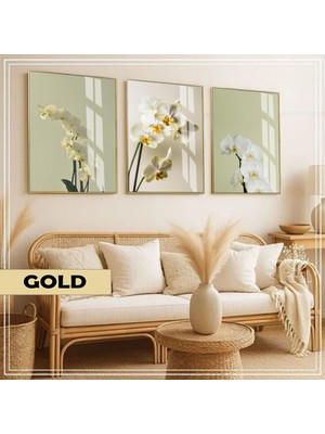 Harikabirev|soft|yeşil-Beyaz Orkide Kombini |çerçeveli Cam Tablo  3lü Dikey