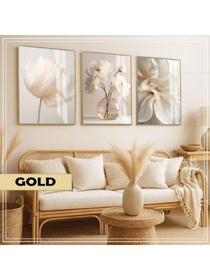 Harikabirev|soft|krem Renk Elegant Çiçekli Kombini |çerçeveli Cam Tablo  3lü Dikey