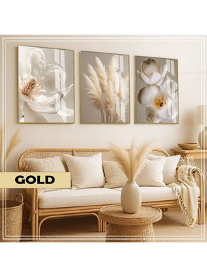 Harikabirev|soft|krem Pampas-Orkide Kombini |çerçeveli Cam Tablo  3lü Dikey