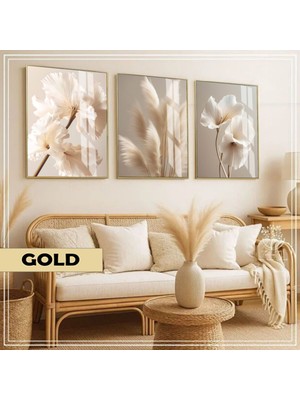 Harikabirev|soft|krem Renk Çiçekli Zarif Kombini |çerçeveli Cam Tablo  3lü Dikey