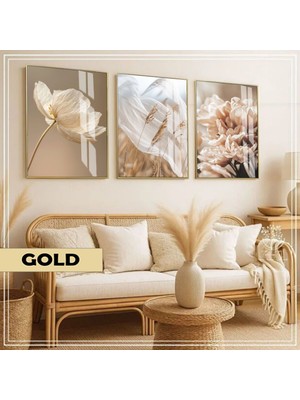 Harikabirev|soft|krem Buğday-Çiçek Kombini |çerçeveli Cam Tablo  3lü Dikey