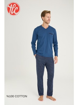 Kly Erkek %100 Pamuklu 4 Mevsim Kumaş V Yaka Uzun Kollu Pijama Takım