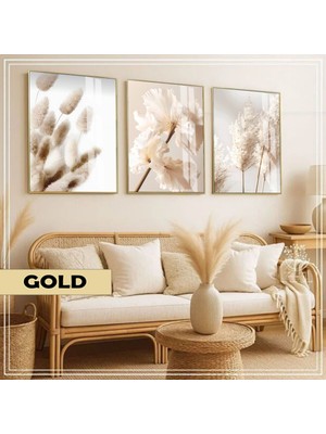 Harikabirev|soft|krem Tonlar Pampas-Çiçek Kombini |çerçeveli Cam Tablo  3lü Dikey