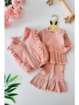 Miniğimin Cicileri Fırfır Detaylı Kapişonlu Simli Yelekli Kız Çocuk 3 Lü takım - Somon