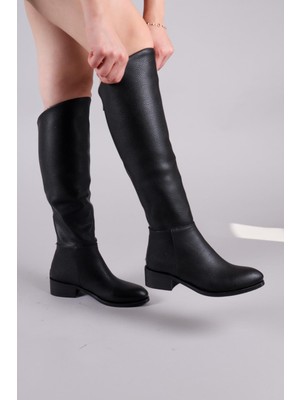 Birikon Shayla Önü Yüksek Düz Çizme Siyah