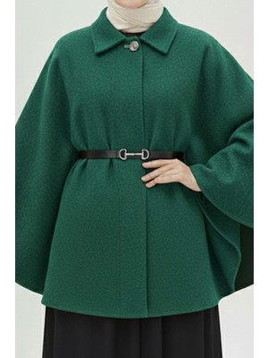 İmaj Butik Yeşil Kemerli Kaşe Panço