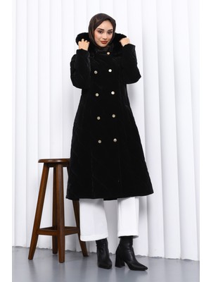 İmaj Butik Siyah Kapüşonlu Kapitone Uzun Mont
