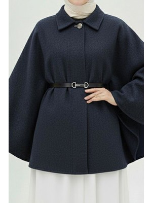 İmaj Butik Lacivert Kemerli Kaşe Panço