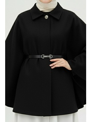 İmaj Butik Siyah Kemerli Kaşe Panço