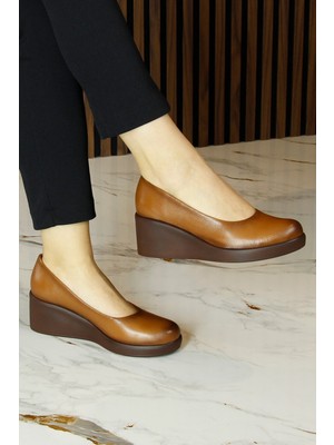 Erkan Saçmacı Mabel Taba Hakiki Dana Derisi Yuvarlak Burun Dolgu Topuklu Günlük Ayakkabı
