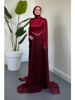 Merven Akyüz Nuvell Beli ve Kol Ucu Taşlı Abiye Bordo