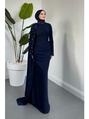 Merven Akyüz Astana Yandan Taşlı Abiye Lacivert