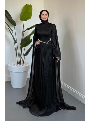 Merven Akyüz Nuvell Beli ve Kol Ucu Taşlı Abiye Siyah