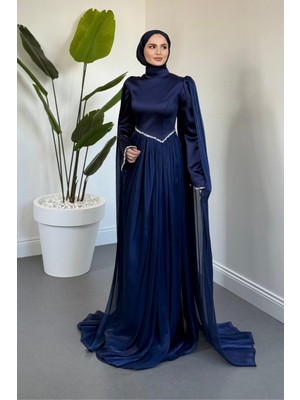 Merven Akyüz Nuvell Beli ve Kol Ucu Taşlı Abiye Lacivert