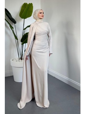 Merven Akyüz Astana Yandan Taşlı Abiye Krem