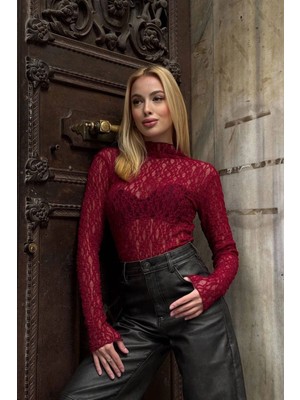 Mamayaga Kadın Yarım Balıkçı Yaka Full Esnek Dantel Bürümcük Spor Şık Tasarım Gece Bluzu