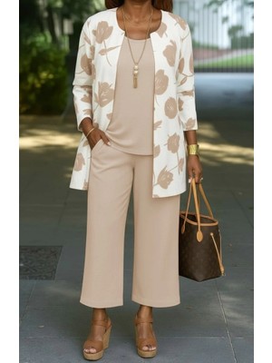 Kadın Uzun Kollu Önü Açık Modal Ceket Kolsuz Viskon Iki Iplik Bluz ve Pantolon Üçlü Takım