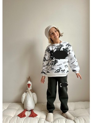 Sacro Kids Hayvan Figürlü Dijital Baskılı Şardonlu 3 Iplik Sweatshirt-Eşofman Altı Kışlık Erkek Çocuk Takım