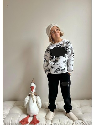 Sacro Kids Hayvan Figürlü Dijital Baskılı Şardonlu 3 Iplik Sweatshirt-Eşofman Altı Kışlık Erkek Çocuk Takım