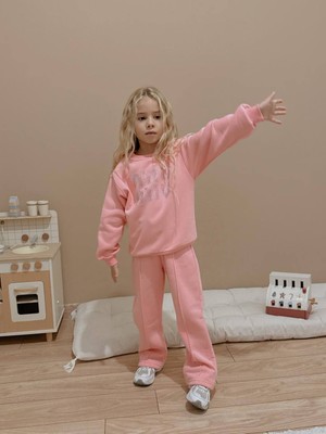 Sacro Kids Miu Niu Yazılı Renkli Şardonlu 3 Iplik Sweatshirt-Eşofman Altı Kışlık Kız Çocuk Takım