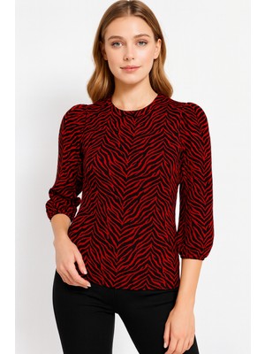 Mamayaga Kadın Bisiklet Yaka Esnek Desenli Spor Şık Truvakar Kol Bluz