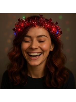 Marsilyan- Kalp Püsküllü 3 Modlu LED Işıklı Taç Kırmızı Renk